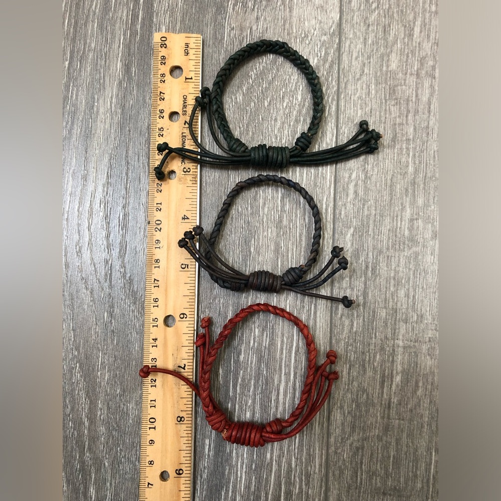 Set of 3 genuine leather braided bracelets cinched closure red blue green